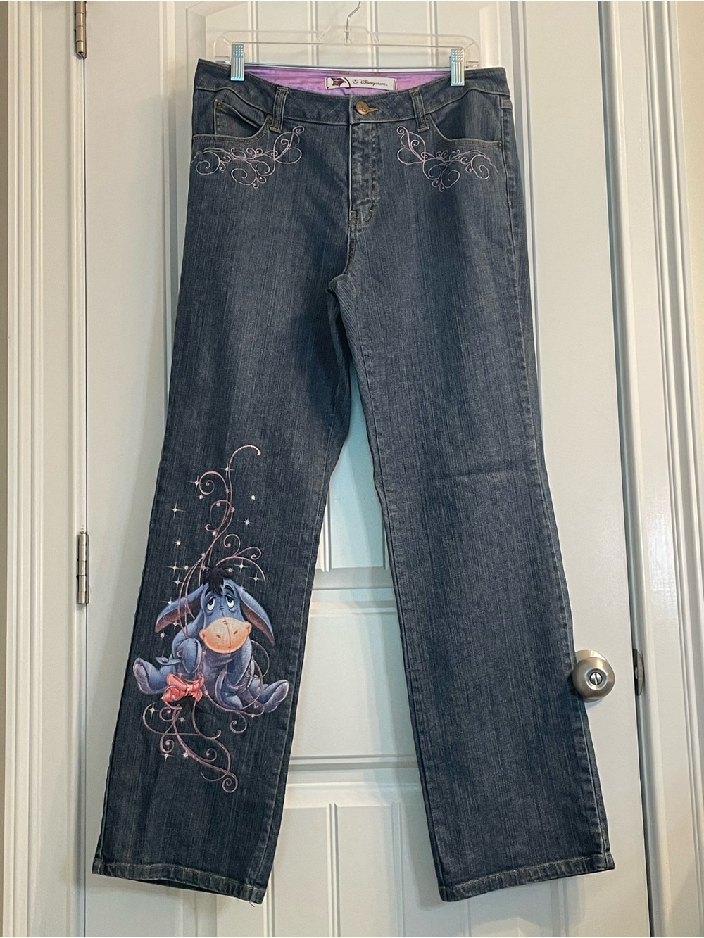 Disney Dark Blue Straight Leg Jeans with Pink Embroidery and Eeyore Art